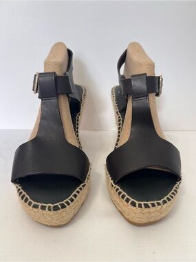 Paseart Black Leather T-Strap Jute Wedge Classic Contemporary Sandals 39 US 8.5